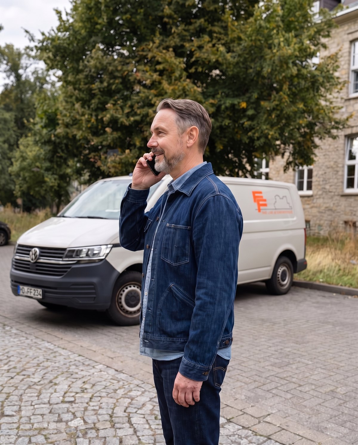 Jens Fitz, Teamleiter von FF Haus- und Grundstücksservice, telefoniert vor dem Firmentransporter